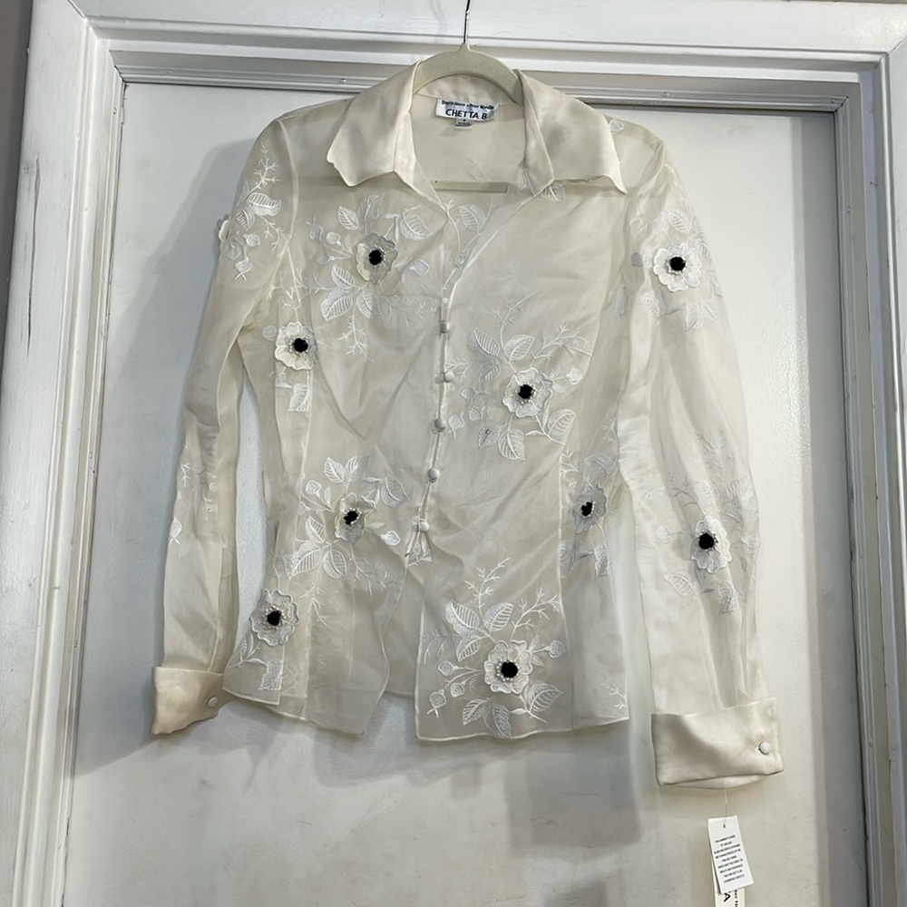 Chetta B Silk white sheer floral blouse